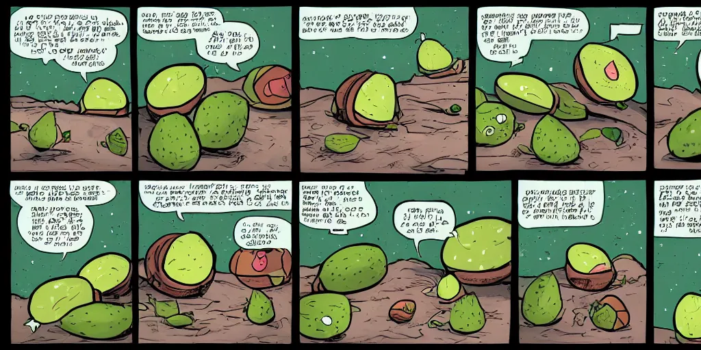 Image similar to a 3 panel comic strip about avocadoes in space, style of bill watterson