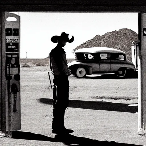 Image similar to a cowboy going through the door of an old gas station, Joshua Tree Park, dust flying, cinematography by Roger Deakins in cinemascope