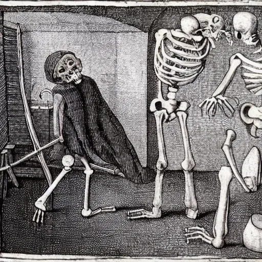Prompt: a skeleton walking towards a man who is lying on a bed, in the style of Hieronymus Bosch.