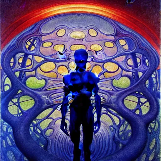 Prompt: realistic extremely detailed portrait painting of a glowing male silhouette, futuristic sci-fi landscape on background by Jean Delville, Amano, Yves Tanguy, Alphonse Mucha, Ernst Haeckel, Edward Robert Hughes, Roger Dean, rich moody colours, blue eyes