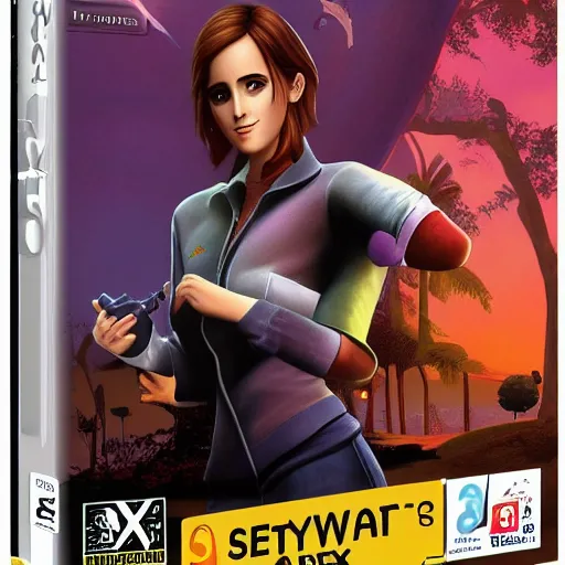 Image similar to ps 2 game box keyart, emma watson the sims, playstation 2, oldschool