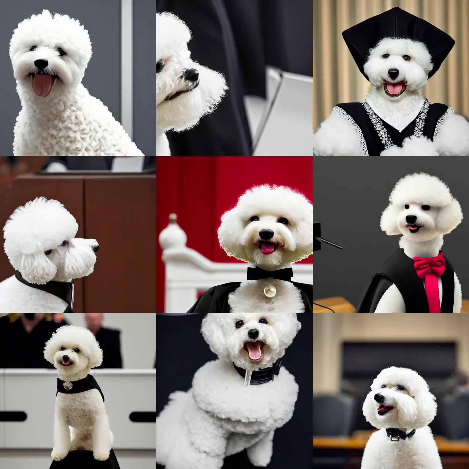 Image similar to a closeup photorealistic photograph of a cute smiling white bichon frise judge wearing a black gown and addressing a courthouse. this 4 k hd image is trending on artstation, featured on behance, well - rendered, extra crisp, features intricate detail, epic composition and the style of unreal engine.