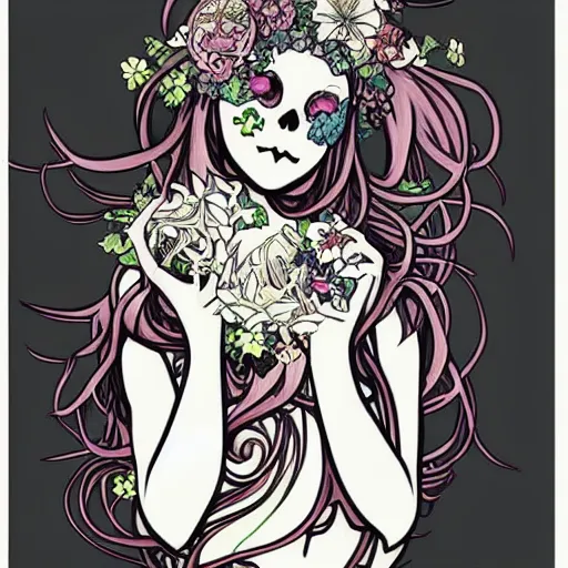 Image similar to anime manga skull portrait young woman hair floral crown fairytale comic skeleton illustration xmen style by Alphonse Mucha and Steve Ditko and Jim Lee pop art nouveau