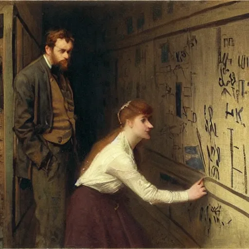 Image similar to a young man and a young woman solving an escape room puzzle, mysterious markings on the wall, by alfred stevens