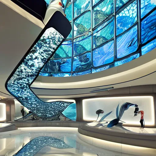 Image similar to extremely detailed ornate stunning beautiful futuristic museum lobby interior for aquatic life theme with large aquariums as the walls by Zaha Hadid