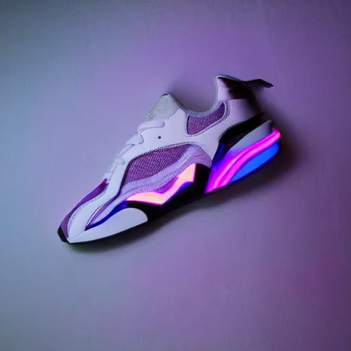 Prompt: futuristic sneakers based off bmw 8 i, insanely integrate, procuct photo for fashion magazine, neon purple light from above