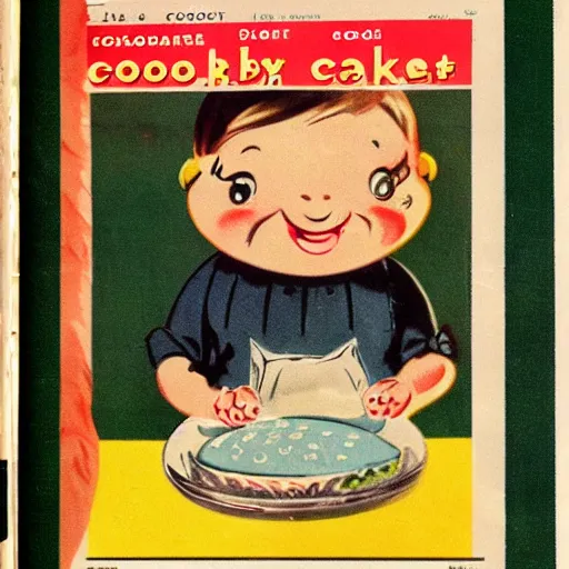 Image similar to 1950's cookbook color illustration baby cake adorable cartoon face sharp detail high detail