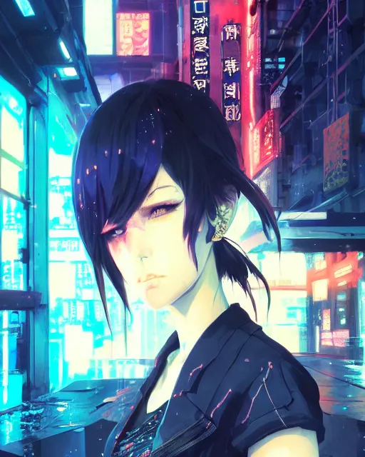 Prompt: kyoto animation, cool lady wearing cyberpunk intricate warcore, beautiful, detailed portrait, cell shaded, 4 k, concept art, by wlop, ilya kuvshinov, artgerm, krenz cushart, greg rutkowski, pixiv. cinematic dramatic atmosphere, sharp focus, volumetric lighting, cinematic lighting, studio quality