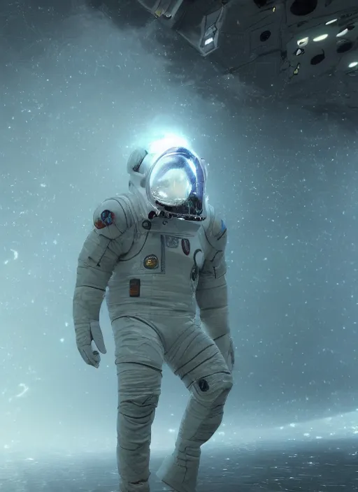 Prompt: concept art by craig mullins infrared complex and hyperdetailed technical astronaut dancing in futuristic dark and empty spaceship underwater. reflection and dispersion materials. rays and dispersion of light. volumetric light. 5 0 mm, f / 3 2. noise film photo. flash photography. unreal engine 4, octane render. interstellar movie art