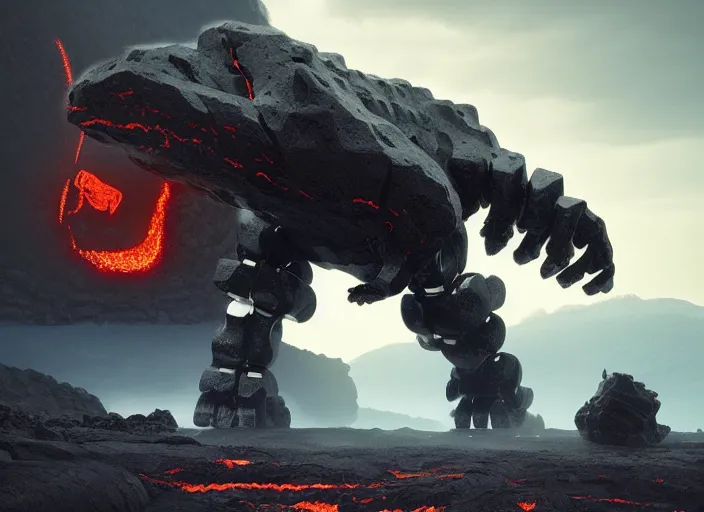 Prompt: epicly designed very muscular stone obsidian robot with human body fighting a deadly beast made from lava with background by greg rutkowski