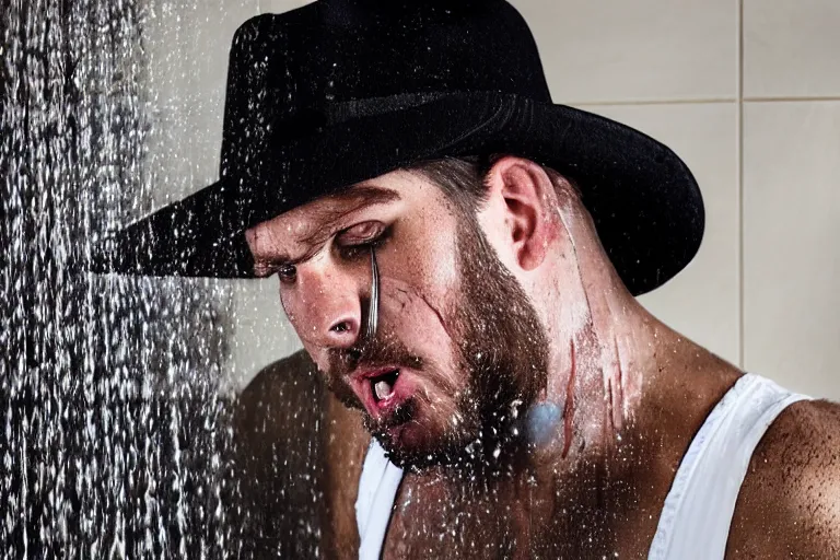 Prompt: photo of a neckbeard wearing a fedora looking at a shower with a terrified look on his face