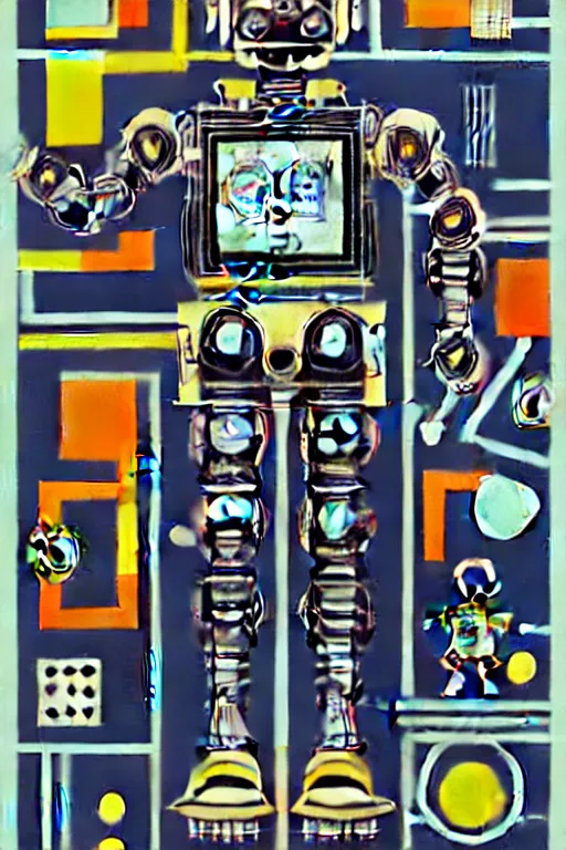 Image similar to a diagram of a robot body with various parts, cyberpunk art by eduardo paolozzi, behance contest winner, computer art, greeble, steampunk, poster art, james turrell, robert rauschenberg, andy warhol, pop art, czechoslovakia, surrealism, milton glaser, graphic design