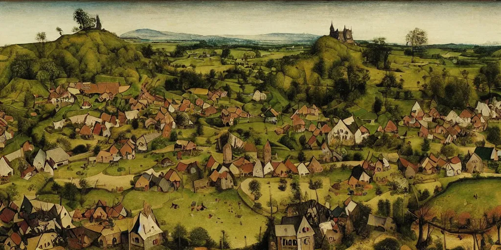 Prompt: hobbiton village in the shire as painted by pieter bruegel