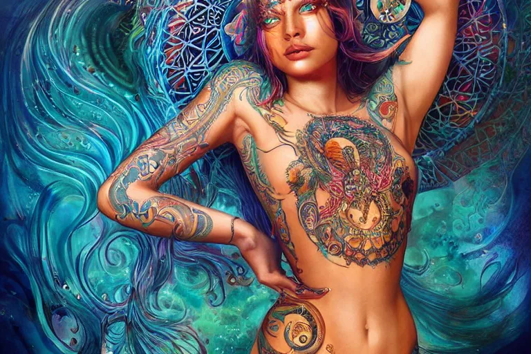 Image similar to a centered full body render of an alluring festival hippy with tribal tattoos surrounded by a underwater ink pour and flowing liquid gallium and sacred geometry, perfect body and face, gorgeous, cinematic, beautifully lit, by artgerm, by karol bak, by donato giancola, 3 d, trending on artstation, octane render, 8 k