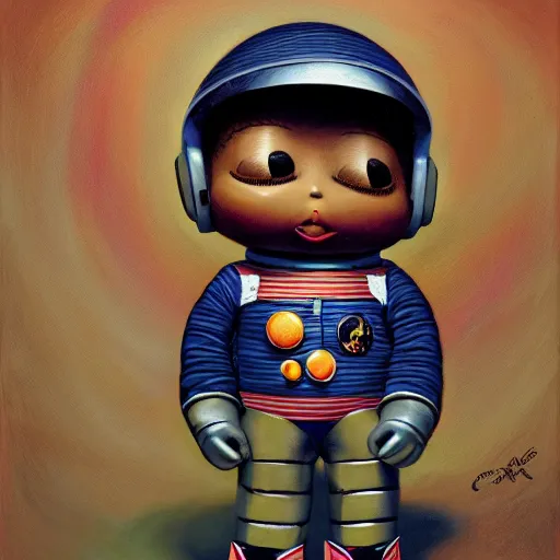 Image similar to wide - angle profile face portrait of a tin toy of a black boy dressed like an astronaut in a cotton candy field, nicoletta ceccoli, mark ryden, lostfish, max fleischer, alan bean, hyper realistic, artstation, illustration, lowbrow, surreal, digital paint, matte paint, vivid colors, bright, cheerful, detailed and intricate environment