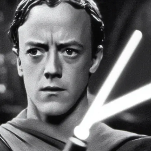 Prompt: film still of young alec guiness as a jedi in new star wars movie, dramatic lighting, highley detailled face,