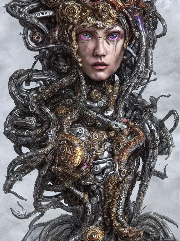 Prompt: portrait art of 8k ultra realistic Medusa, detailed intricate ornate armour,decaying, cybernetic, full of colour, cinematic lighting, battered, trending on artstation, 4k, hyperrealistic, focused, extreme details,unreal engine 5, cinematic, masterpiece, art by ayami kojima, giger