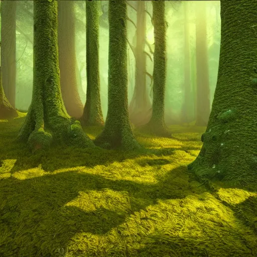 Prompt: fantasy forest, detailed painting, warm volumetric lighting, mossy logs