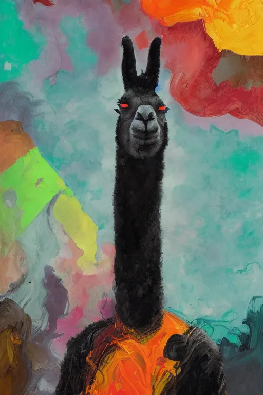 Image similar to Llama anthro portrait fire black red yellow orange llama portrait impasto oil painted daubed smoke flame fire army hellfire anton fadeev dug stanat simon stalenhag anato finnstark lucian freud nicola samori Frank Auerbach, llama, daily deviation