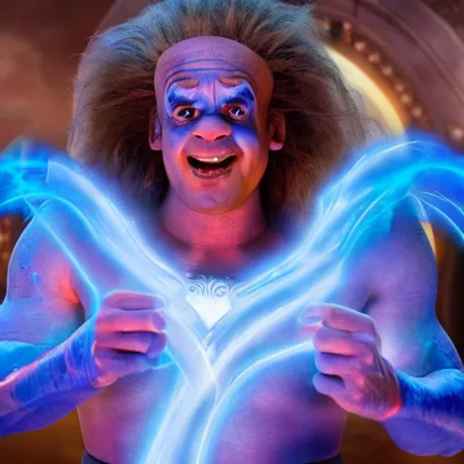 Image similar to doc brown as genie with blue skin in the movie aladdin, movie still 8 k hdr atmospheric lighting