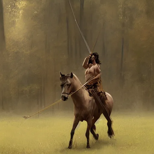 Image similar to Adam Driver as a centaur warrior, human and horse chimera, aiming a bow and arrow, galloping through the forest, digital art, fantasy art by Greg Rutkowski