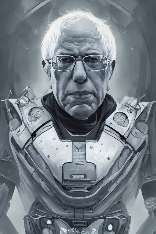 Prompt: Portrait of Bernie Sanders wearing futuristic power armor, fantasy, intricate, highly detailed, digital painting, trending on artstation, sharp focus, illustration, style of Stanley Artgerm