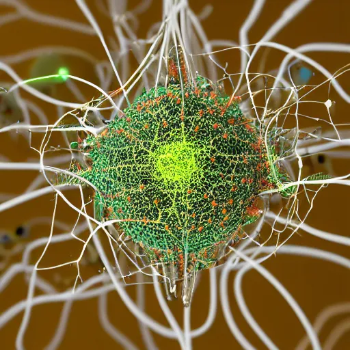 Prompt: Electron photo focused on a plump neuron connected by synapses to a large network of neurons in the background