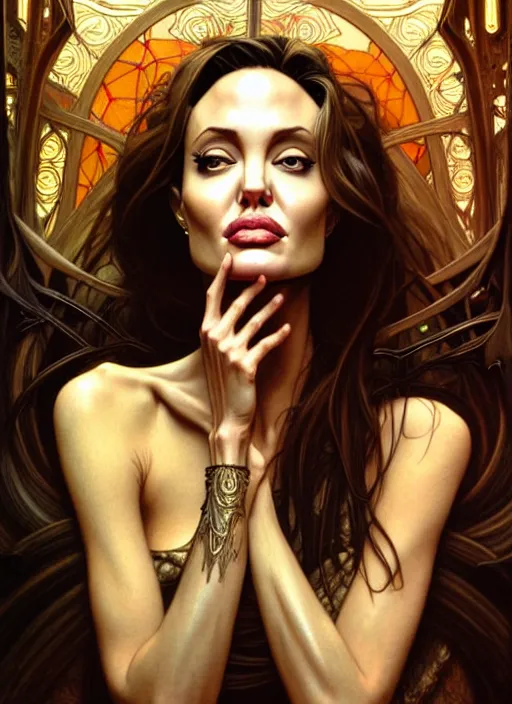 Image similar to portrait of angelina jolie, volumetric lights, feast, music notes, art nouveau botanicals, gothic, intricate, highly detailed, digital painting, artstation, concept art, smooth, sharp focus, symmetric face, illustration, steampunk, art by artgerm and greg rutkowski and alphonse mucha