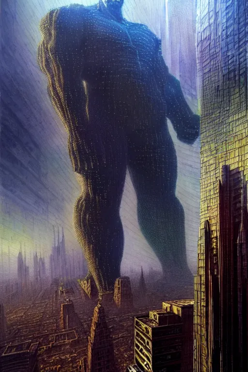 Image similar to hyperrealistic mixed media painting of a colossal giant, towering over a helpless metropolis, fear + despair, stunning 3d render inspired art by P. Craig Russell and Barry Windsor-Smith + perfect facial symmetry + dim volumetric lighting, 8k octane beautifully detailed render, post-processing, extremely hyperdetailed, intricate, epic composition, grim yet sparkling atmosphere, cinematic lighting + masterpiece, trending on artstation, very very detailed, masterpiece, stunning