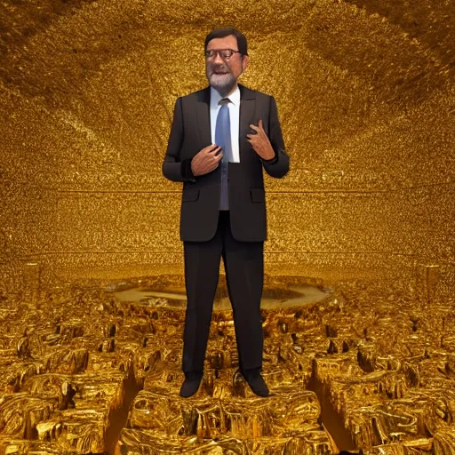 Image similar to a still of mariano rajoy surrounded by gold and diamonds, award - winning, photograph, 3 d render, unreal engine, 4 k detailed