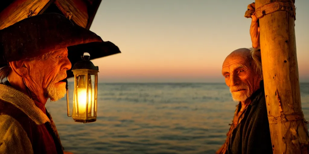 Image similar to film still of closeup old man holding up lantern by his beach hut at night. pirate ship in the ocean by emmanuel lubezki