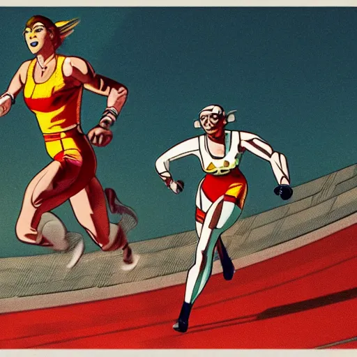 Image similar to Female athlete sprinter in a race with cyborg legs while the audience cheers, vintage footage, 1980's, cinematic stillframe, diesel punk, art deco stadium, artstation, otomo manga, akira