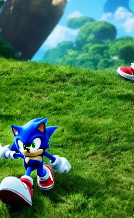 Image similar to super super super epic cinematic shot of sonic the hedgehog, 8k miyazaki anime scene, motion blur, red shoes, green eyes, ++++++ super super super dynamic action running, concept photos, dynamic lighting, dynamic shaders, sunny day, green hill zone, amazing quality