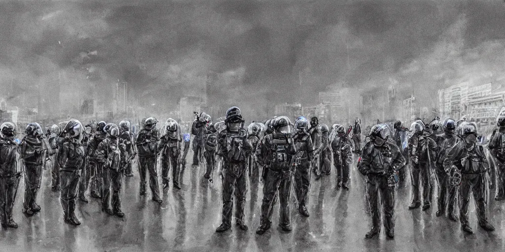 Prompt: few policemans lined up, standing against the protesters with blank posters, сlear sky, concept art, intricate details, highly professionally detailed,, highly detailed -