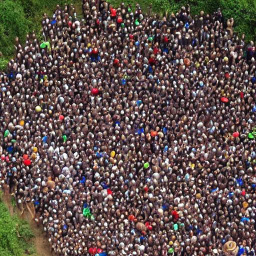 Prompt: aerial hd photograph of a uncontacted crowd of scantly clad african congo tribe looking into camera