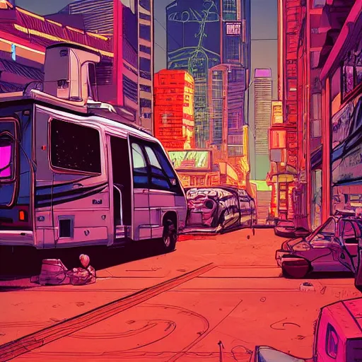 Prompt: painting of an RV in a cyberpunk city by Laurie Greasley, hyper detailed, vivid colors, centered subject, trending on Artstation