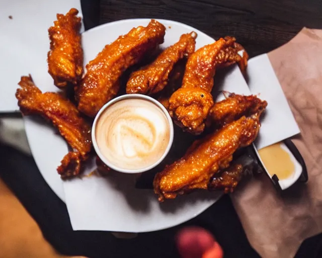 Image similar to A cup of coffee and hot wings covered in cheese, Cinematic shot