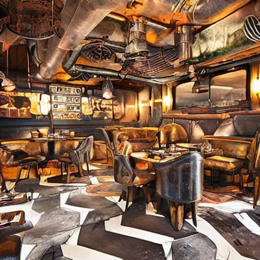 Image similar to architectural digest photo, inside a highly themed restaurant based on the movie mad max furry road