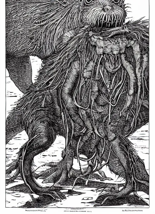 Image similar to a montauk monster as a D&D monster, full body, pen-and-ink illustration, etching, by Russ Nicholson, DAvid A Trampier, larry elmore, 1981, HQ scan, intricate details, Monster Manula, Fiend Folio