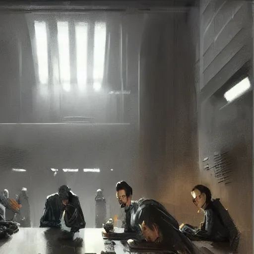 Prompt: concept art by greg rutkowski, a very tall, and slender man with short black hair, sitting with the crew in the ship's dining room, brutalist futuristic interior, dark lighting atmosphere, detailed portraits, nostalgic atmosphere, scifi, digital painting, artstation, concept art, smooth, sharp foccus ilustration, artstation hq