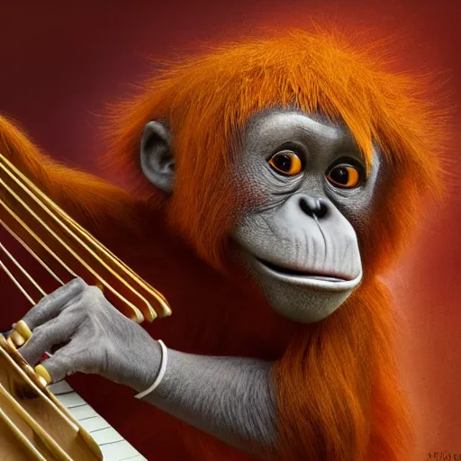 Prompt: An adorable whimsical orangutang conducting an orchestra, highly detailed, digital painting, artstation, concept art, smooth, sharp focus, studio light, by Pixar and Disney and Justin Gerard,