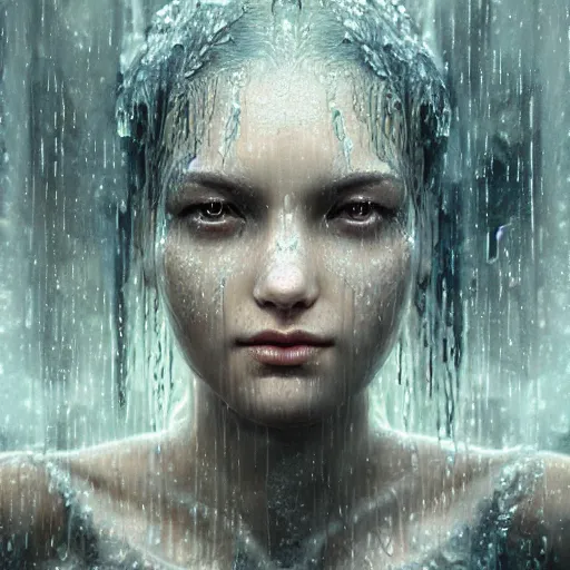 Prompt: photo realistic image of a goddess of rain, made of water, wet, stunning 3 d render inspired art by istvan sandorfi and greg rutkowski, perfect facial symmetry, realistic, highly detailed attributes and atmosphere, dim volumetric cinematic lighting,