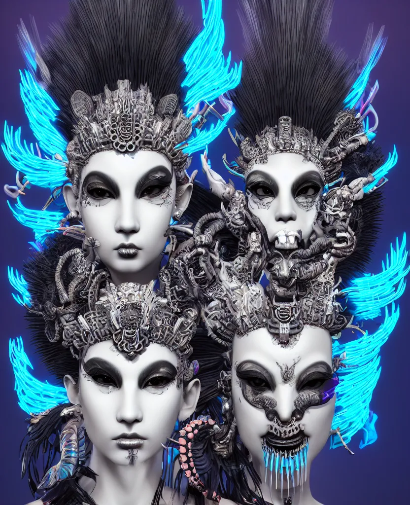 Image similar to 3 d goddess close - up profile portrait punk with mohawk with ram skull. beautiful intricately detailed japanese crow kitsune mask and clasical japanese kimono. betta fish, jellyfish phoenix, bio luminescent, plasma, ice, water, wind, creature, artwork by tooth wu and wlop and beeple and greg rutkowski