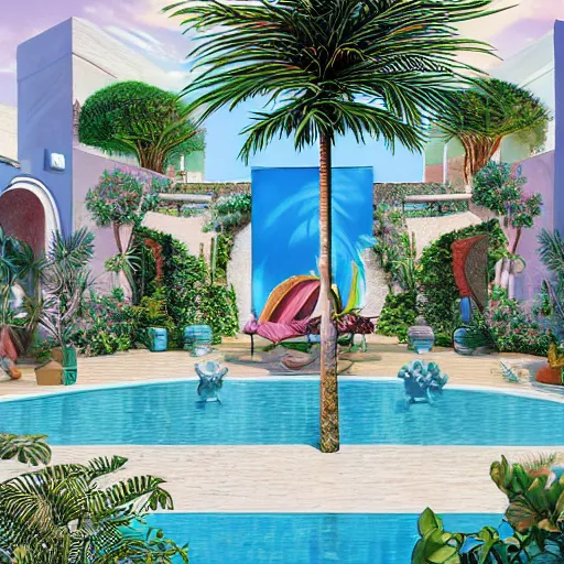 Prompt: arriving into a mediterranean courtyard with a palm tree and pool in the center, digital illustration, 8 k by moebius