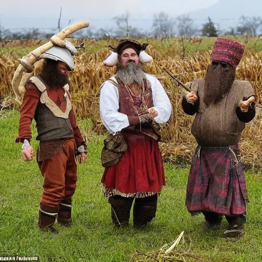 Prompt: dwarves in traditional clothes in mushroom fields put up a scarecrow from bats