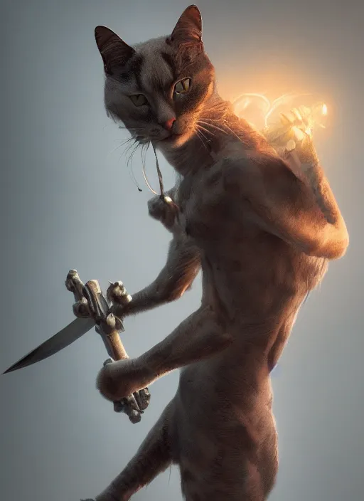 Image similar to a humanoid cat with a sword, Atmospheric beautiful by Eddie mendoza and Craig Mullins. volumetric lights volumetric lights, 8k, hd