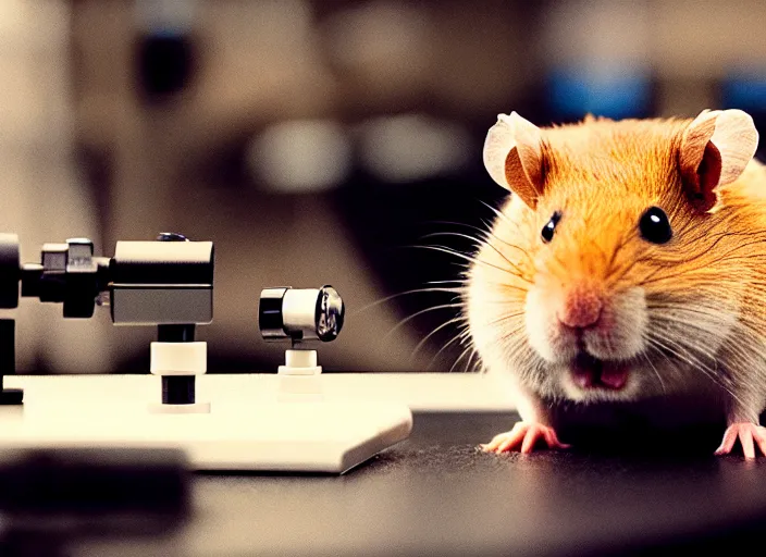 Image similar to film still of a hamster working in a research lab using a tiny microscope, 8 k