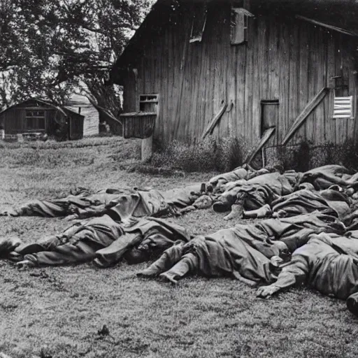 Image similar to a ww 2 picture of a pile of dead body's infront of a farm house, highly realistic, very detailed, taken on a ww 2 camera.