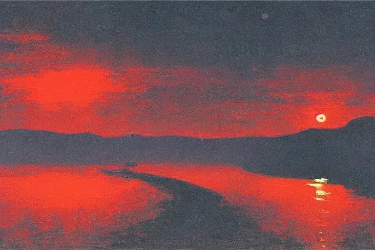 Prompt: awe inspiring arkhip kuindzhi landscape, digital art painting of 1 9 6 0 s, japan at night, red sunset, 4 k, 8 k, detailed