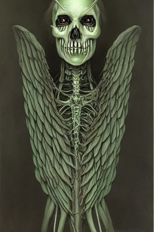 Image similar to creepy portrait of a skeletal zombie female green winged angel by wayne barlowe